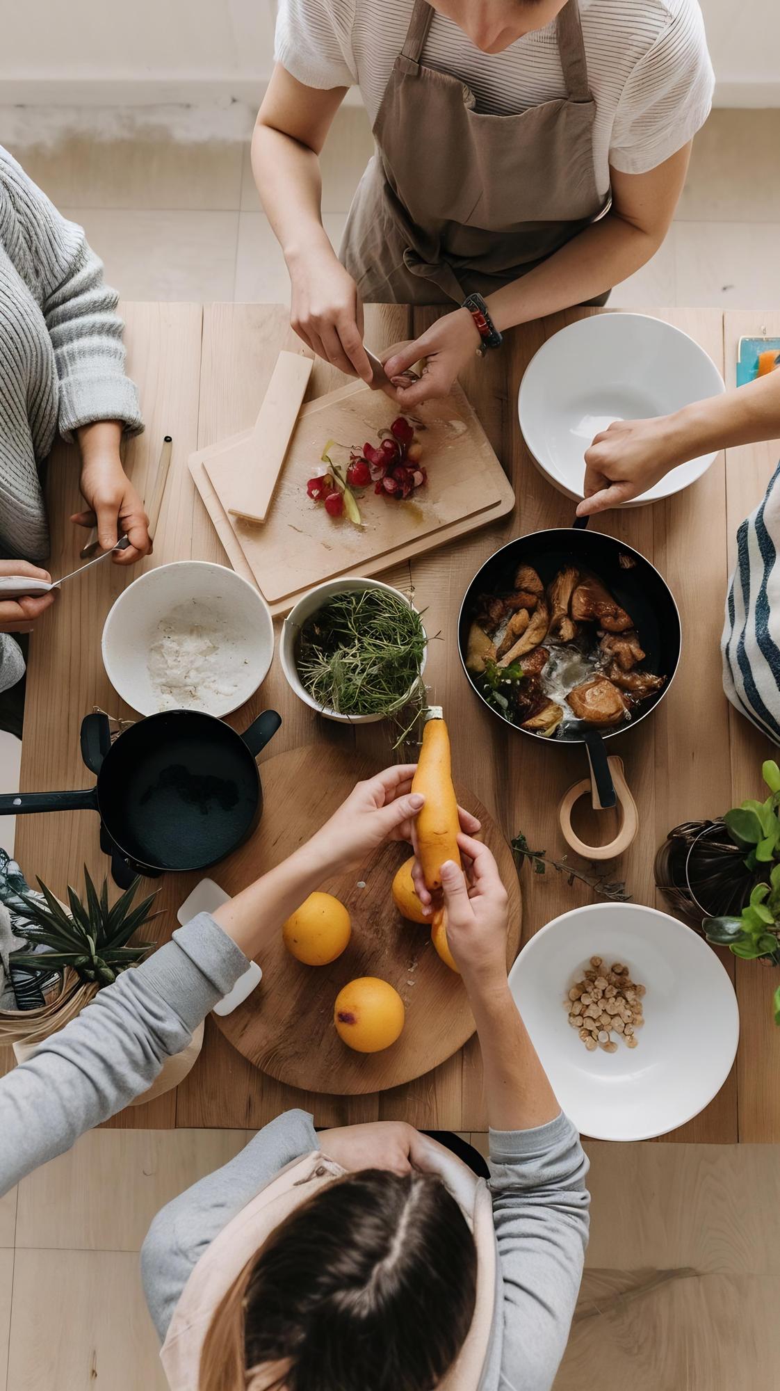 Group around table cooking together